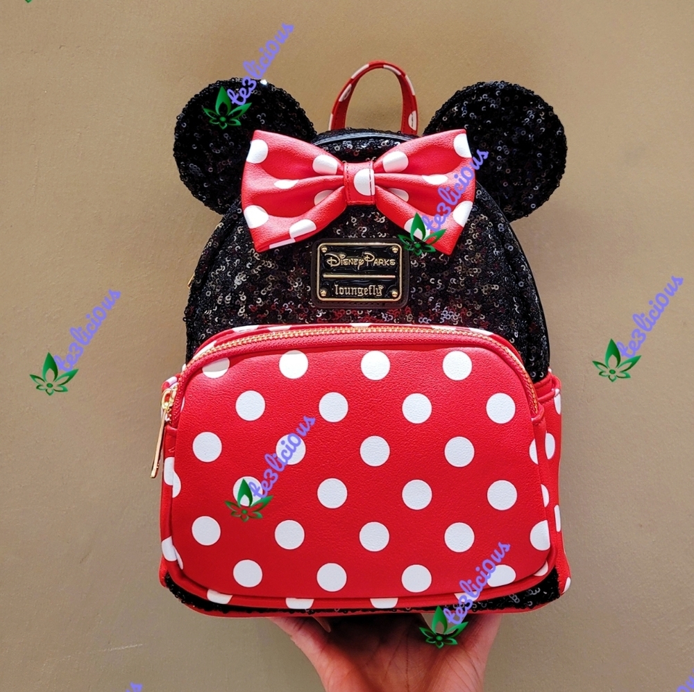 DISNEY PARKS LOUNGEFLY MINNIE POLKA DOT SEQUINS BP - Picture 1 of 9